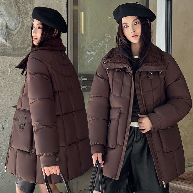 Winter Korean Style Loose Slimming Thickened Down Jacket for Women, Mid-Length Lamb Wool Spliced High Collar Cotton Coat