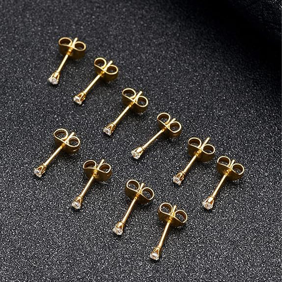 10 Pairs 20G 2mm Tiny Stud Earrings 316L Stainless Steel Small CZ Earring Set For Men Women Gold Tone