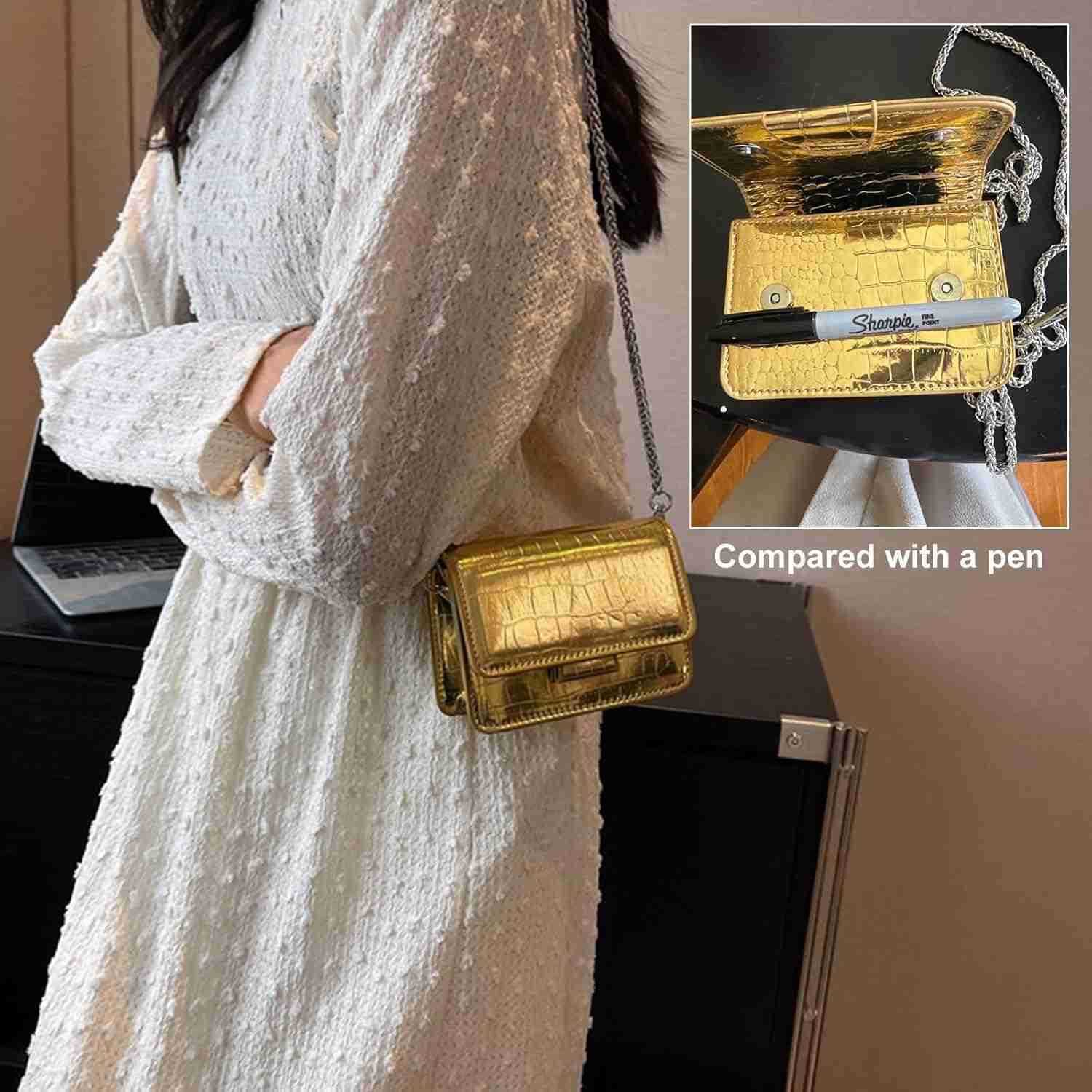 Small Crossbody Purse Bag for WomenMini Cute Metallic CrocEmbossed Handbag with Chain StrapW250911