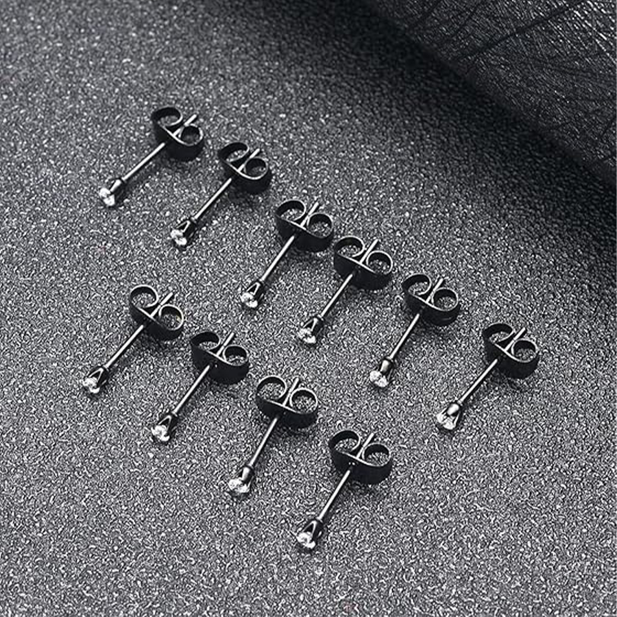 10 Pairs 20G 2mm Tiny Stud Earrings 316L Stainless Steel Small CZ Earring Set For Men Women Black Tone