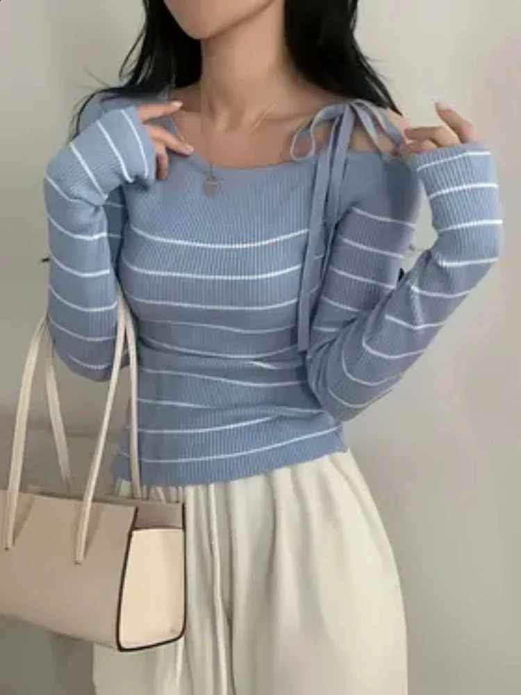 2026 Womens Elegant OffShoulder Sweater TShirt Black White Striped with Adjustable LaceUp Fall Winter Casual Chic Top 250911