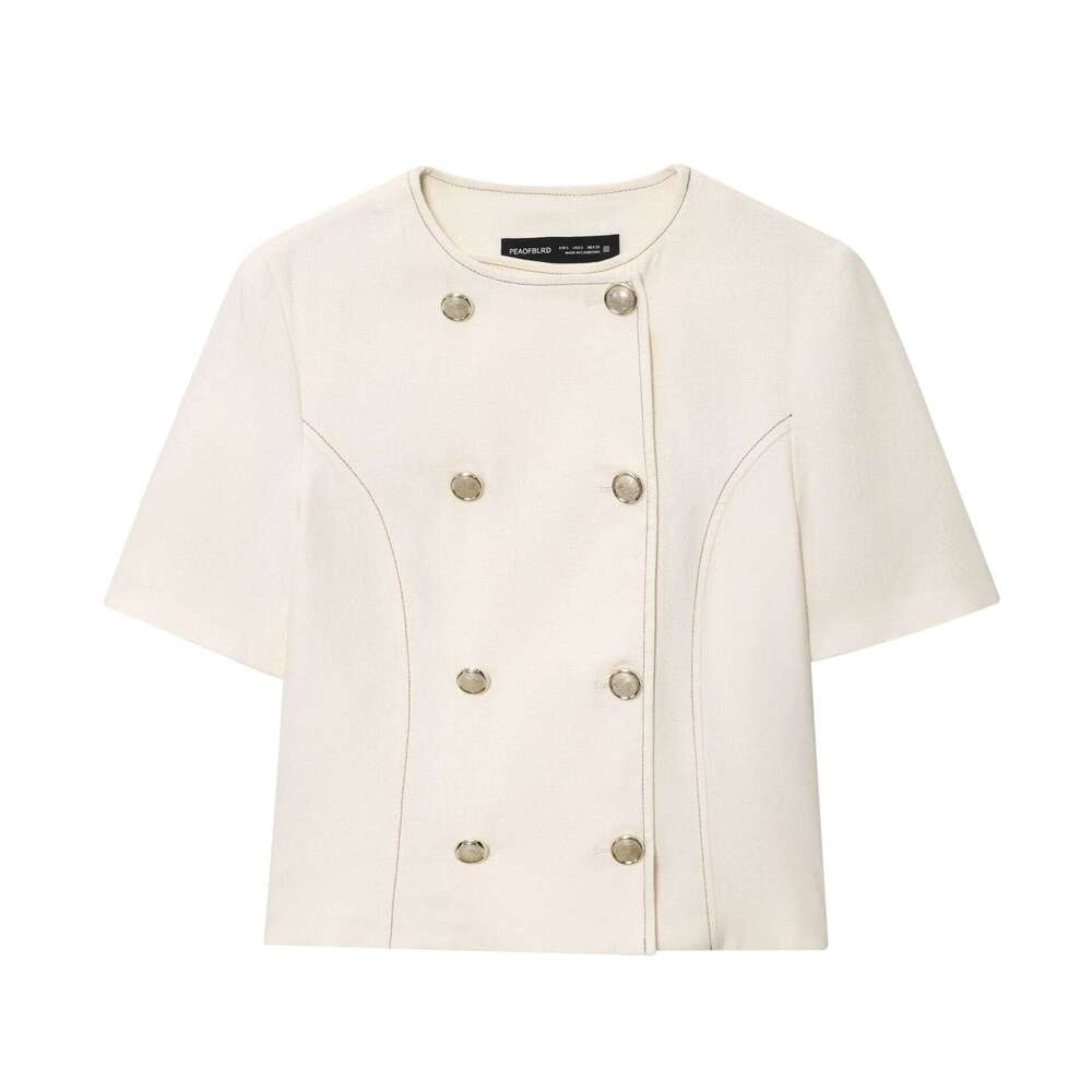 DHEssentials Women's Autumn Round Neck Linen Blend Line Chanel Style Short Sleeve Blazer + Draped Straight Solid Color Stitched Pants