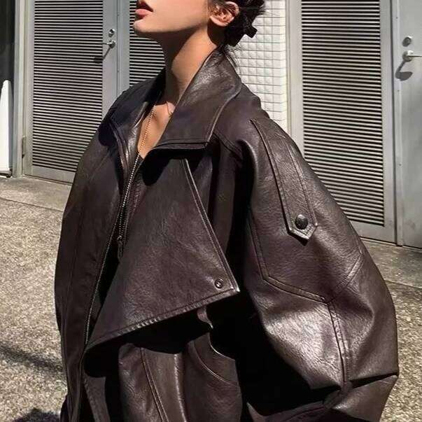 High Quality Bomber Jacket PU Moto Biker Leather Jackets Double Collars Korean Fashion Women Clothing Outerwears