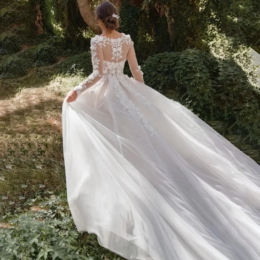 Elegant Charming Wedding Dress 2026 Scoop 3D Flowers Silt Tulle Button Bittons Tulle Princess A-line Church Bridal Bride Gown Vestido de Noiva
