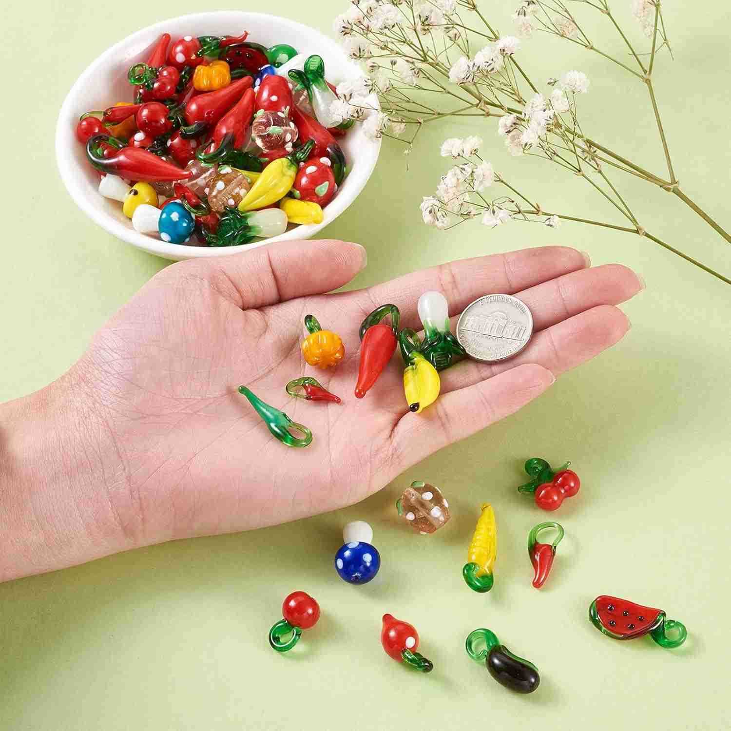 200pcs Fruit Vegetable Lampwork Glass Charm Pendants Handmade Colorful Cherry Pumpkin Chili Glass Dangle Charm Beads for DIY Charm s Necklace FW250911