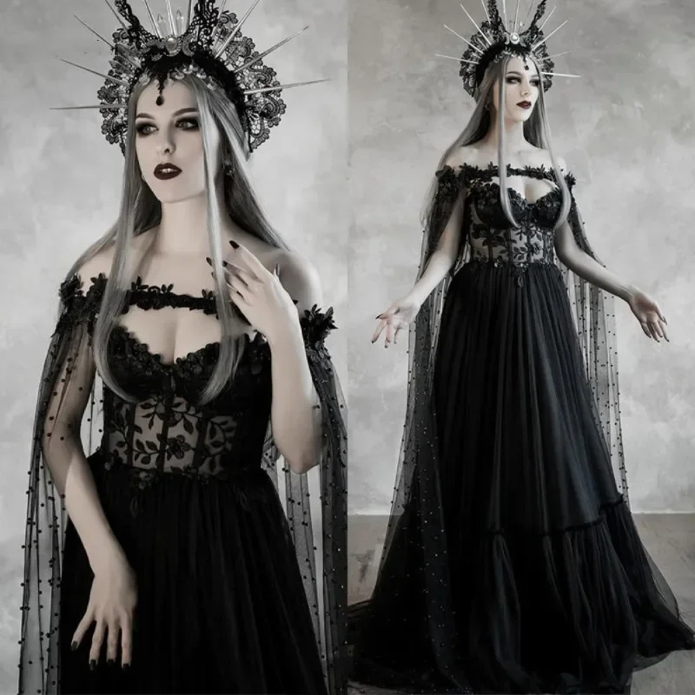 Vintage Medieval Black Prom Dress With Long Wrap Lace Appliques Pearls Beaded A-line Customized Gothic Evening Gown For Women