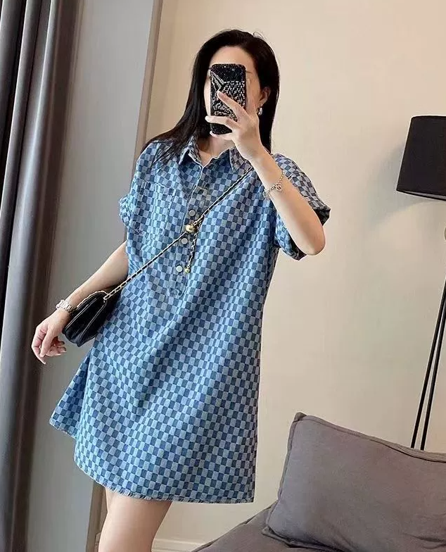 Bluedenim Checkered Dress Womens Summer 2024 Arrival Fashionable Stylish Age-Reducing Hong Kong Style Loose-Fit Skirt250723