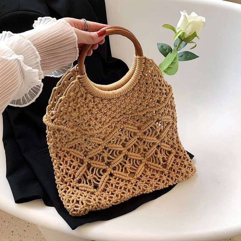 Vintage Circle Ring Top-Handle Mesh Handbag Cotton Thread Hand Woven Folding Tote Bags With Inner Bag