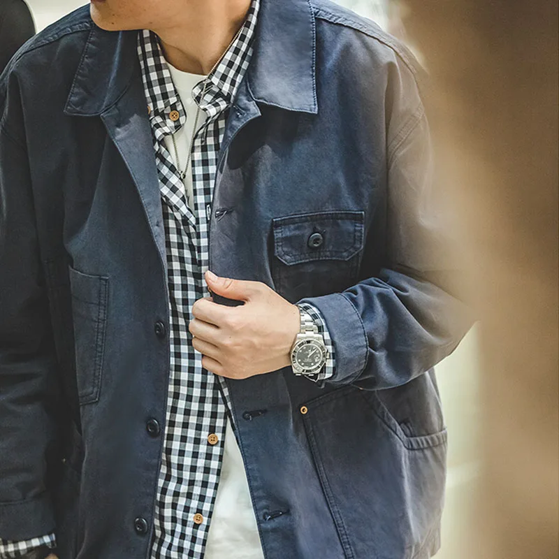 Maden Autumn Navy Blue Hunting Jacket for Men Turn-down Collar Asymmetrical Multipocket Cotton Casual Outerwear Coat Loose-fit