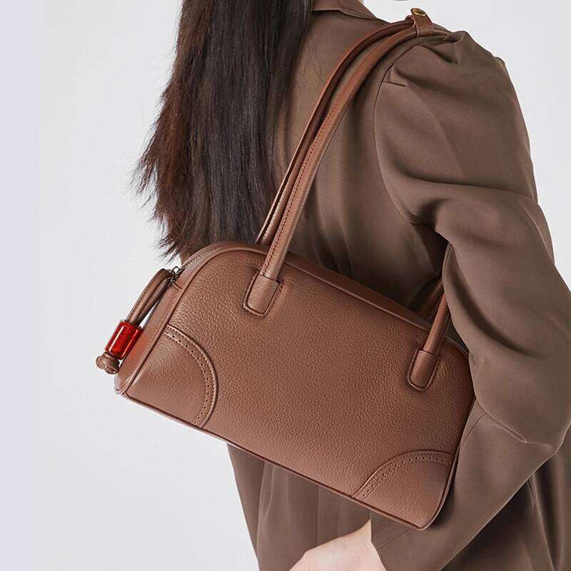 Toptrends Cowhide Genuine Leather Pillow Underarm Shoulder Bags For Women 2025 Designer Bowling Tote Work Ladies Handbags