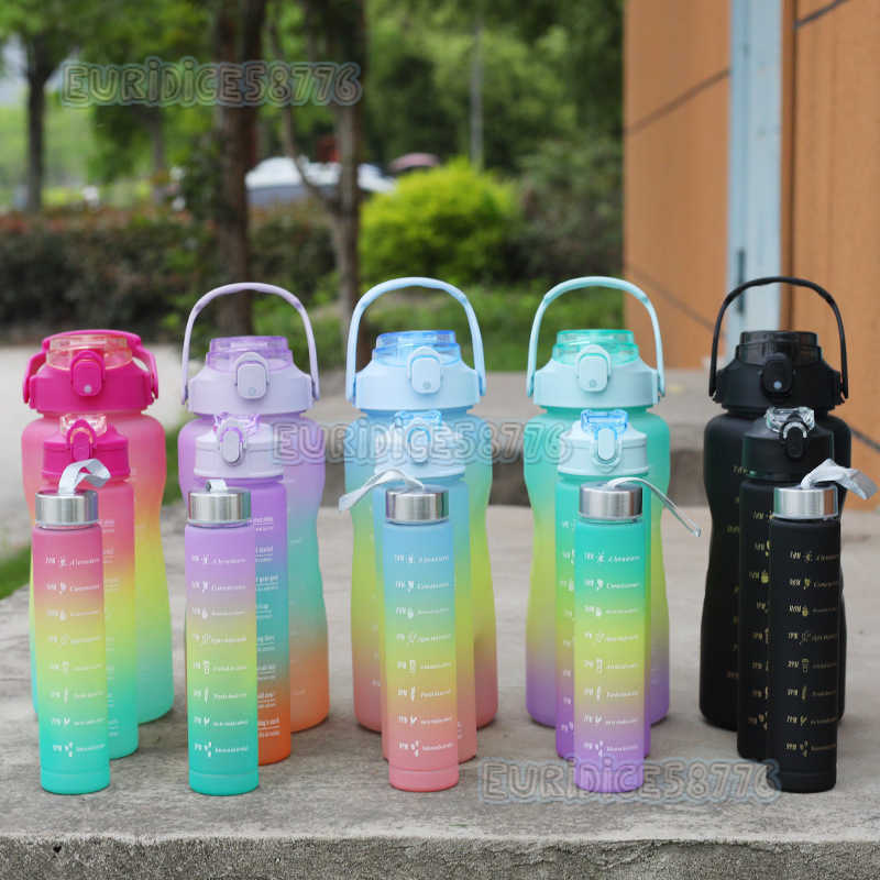 Portable Gradient Color Plastic Cup Large Capacity Outdoor Sports Straw Water Cup Frosted Sports Threepiece Set Wholesale H250911