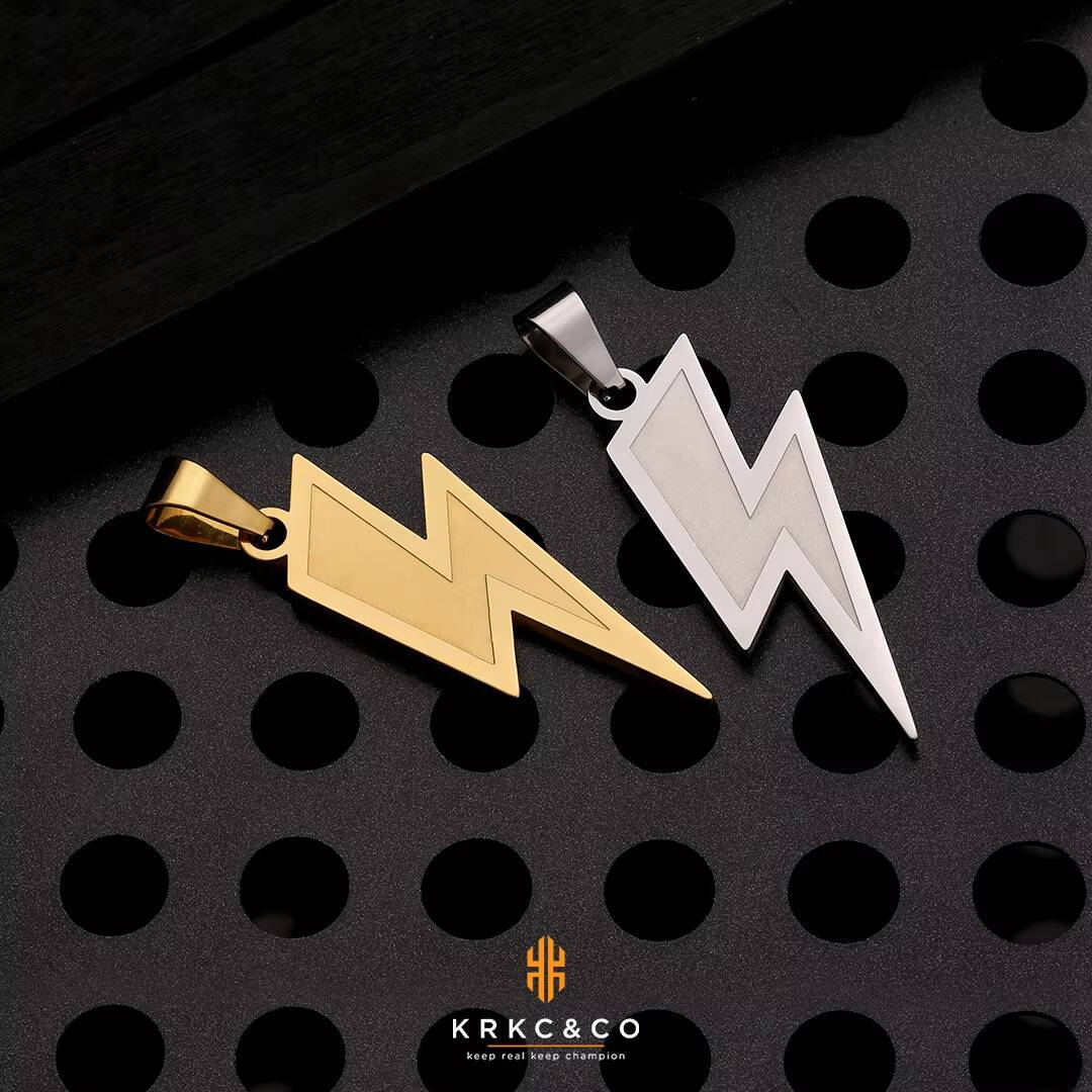 KRKC Fashion 22inches White 18k Gold Plated 316L Alloy Stainless Steel Lightning Necklace Pendant