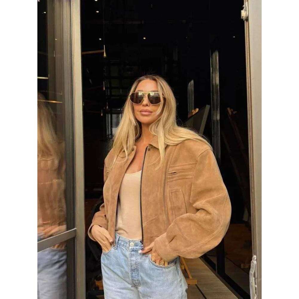 Fashion Brown Short Suede Jacket Women Chic Lapel Long Sleeve Pocket Zipper Cropped Coat Autumn Lady Highstreet Commute Outwear