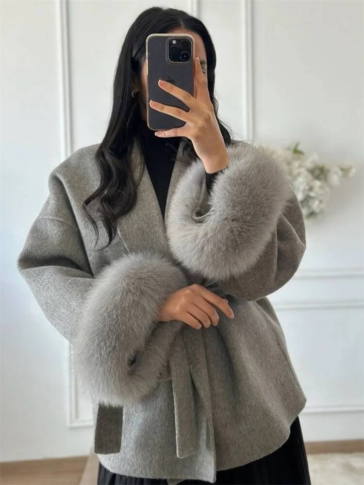 Tossy Fox Fur Overcoat Women's Short Office Lady Elegant Double-sided Woolen Coat 2025 New Cardigan Jackets Loose Wool