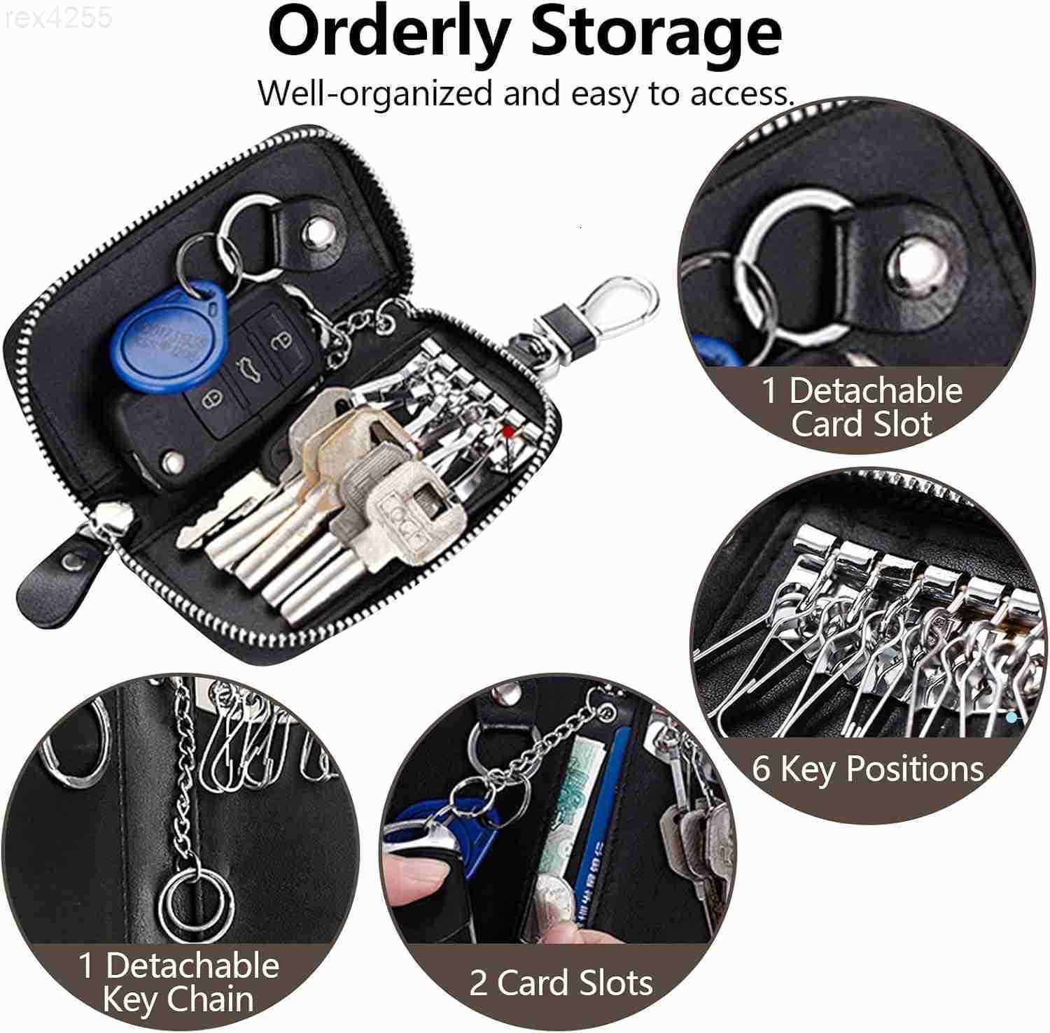 Leather Car Key Case Holder Black Keychain Case Bag Universal Car Key Fob Bags for Men Women Auto Key Chain Protector Cover Key Ring Zipper Bag with 6