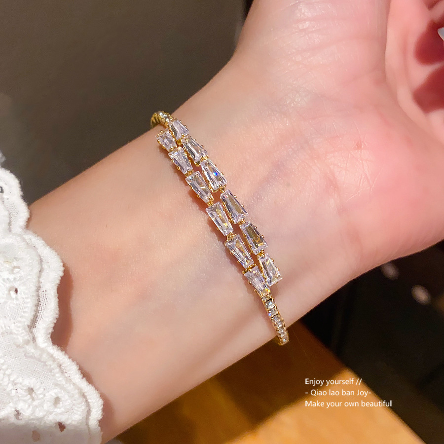 Gold - Toned Bangle With Baguette - Cut Clear Crystals, Double - Layered Sparkly Pave Design Delicate Daily & Glamorous Jewelry Gift For Her High - Qu