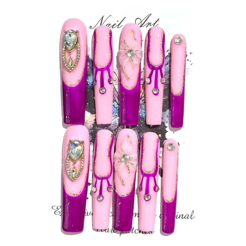 Fake nails, purple pink French diamonds, hand drawn, trendy and fashionable, European and American ins style, extra long, handmade