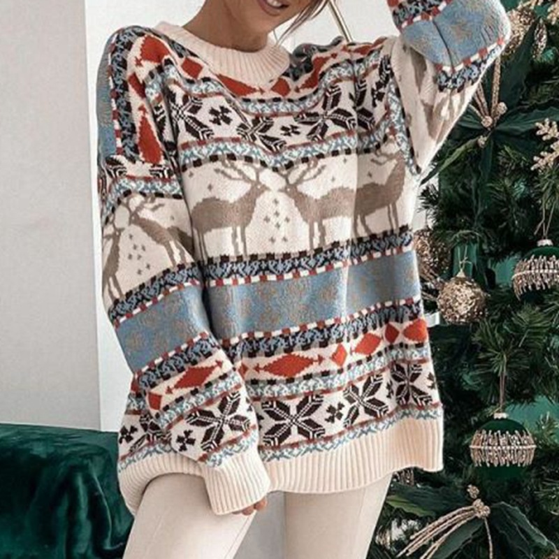 New retro Christmas outfit men deer jacquard sweater autumn and winter loose lazy style men and women sweater men clothing