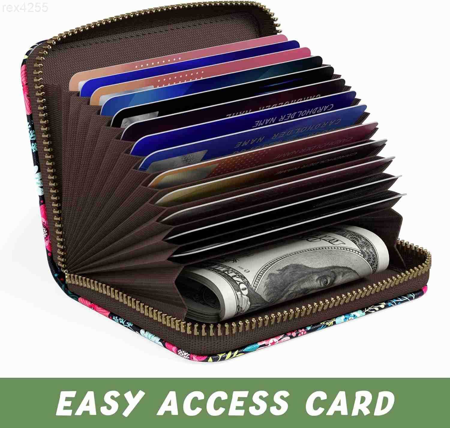 Credit Card Holder Small RFID Wallet Slim Leather Card Organizer Case with Zipper and Keychain Elegant FlowersW250911