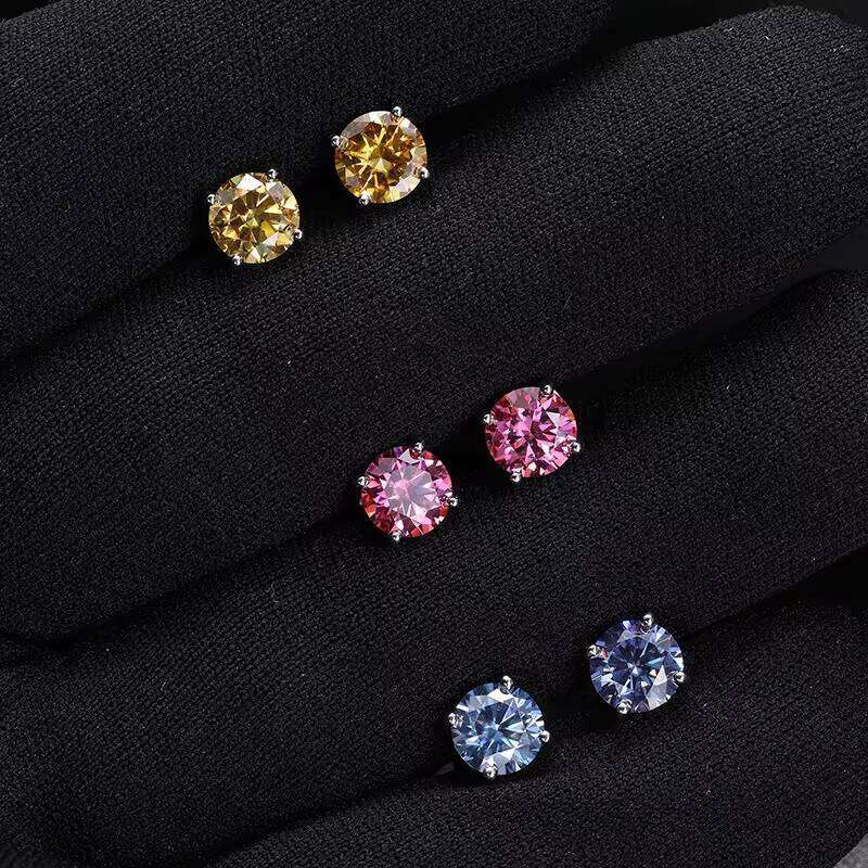 S Screw Back Men Sier Gold Earrings for Women Red Yellow Blue Moissanite Round Stud Earring