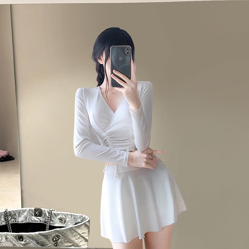 Two-Piece Swimsuit for Women, Solid Color Skirt Style, Fairy-Like, Slimming, Tummy-Covering, Long-Sleeve, Sun-Protective, Sports, with Boyshorts