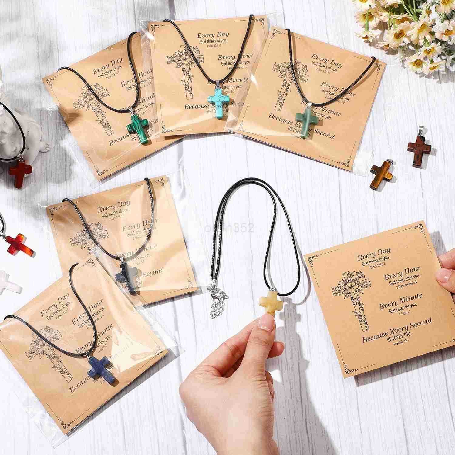 Cross Charms for Jewelry Making Natural Stone Cross Gemstone Pendant Quartz Crystal Charm with Leather Chain and Christian Card for DIY Necklace Earri