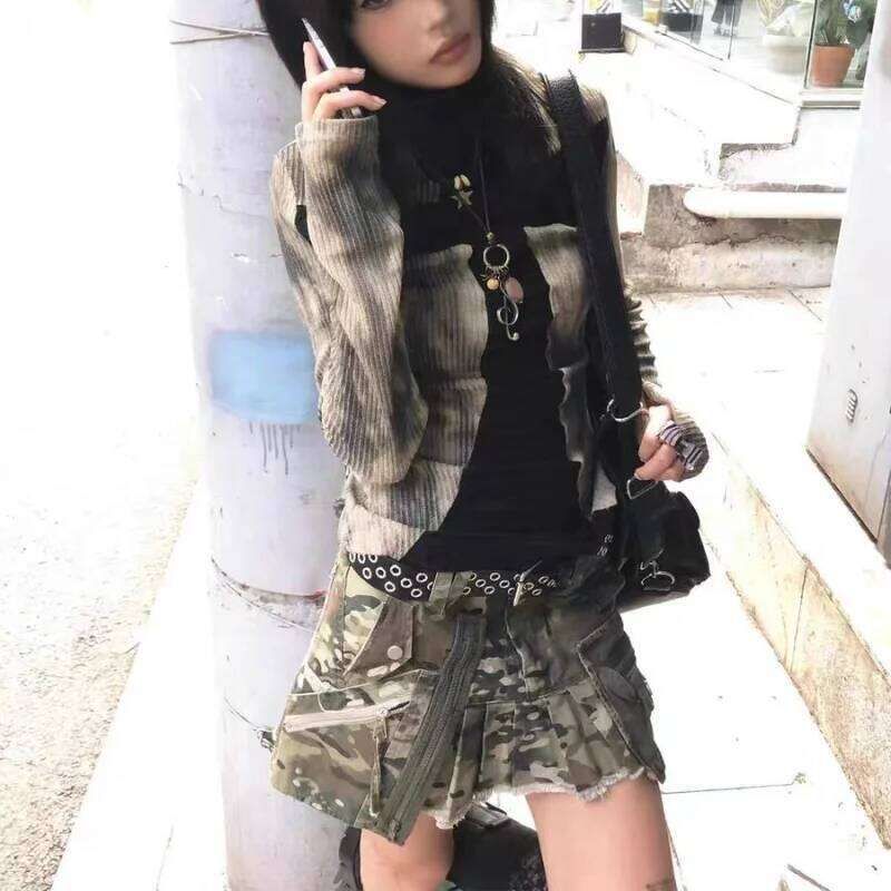 Women Y2k Clothing Ribbed Vintage Haruku Cross Print T-Shirt Grunge Aesthetic Long Sleeve Patchwork Tops Trend 2000S