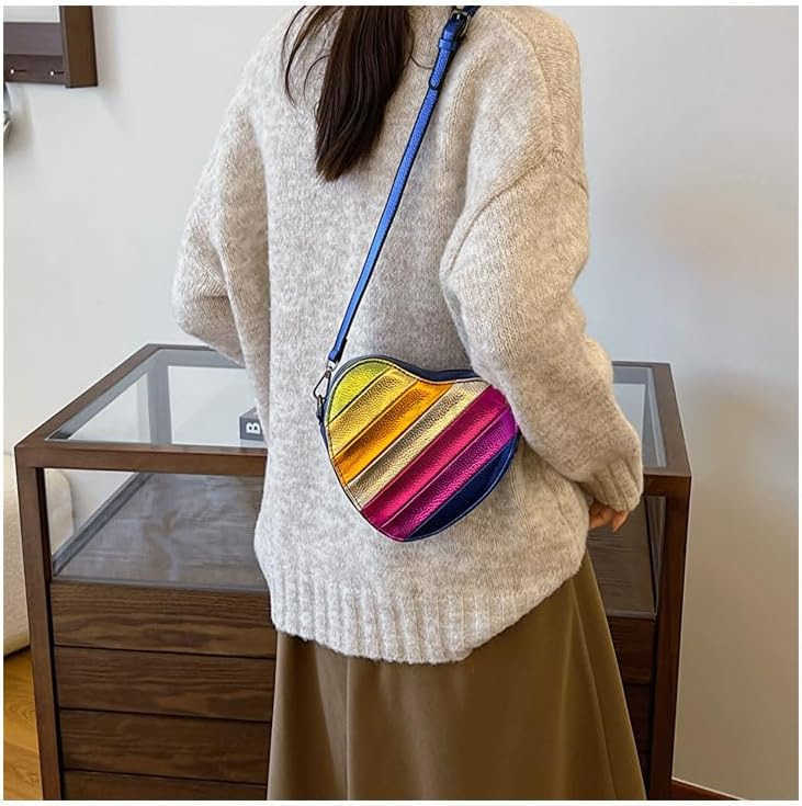 Rainbow Patchwork Heart Shaped Shoulder Crossbody Bag Adjustable Strap Trendy DesignW250911