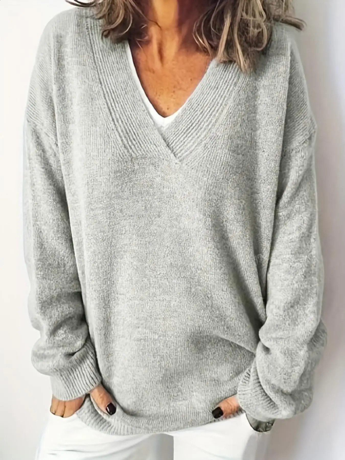 Casual Loose Womens Pullover Daily Versatile V Neck Pure Color Simple Autumn and Winter Warm Plus Size Sweater 250911