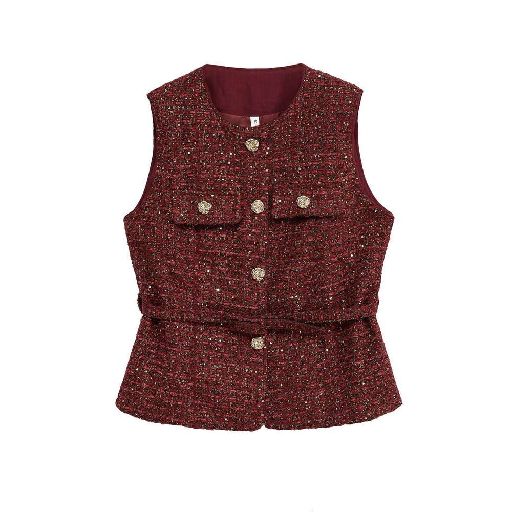 DHEssentials Ins Women's Fashion 20205 New Round Neck Waist-Cinching Little Chanel Style Multi-Color Belt Decorated Vest