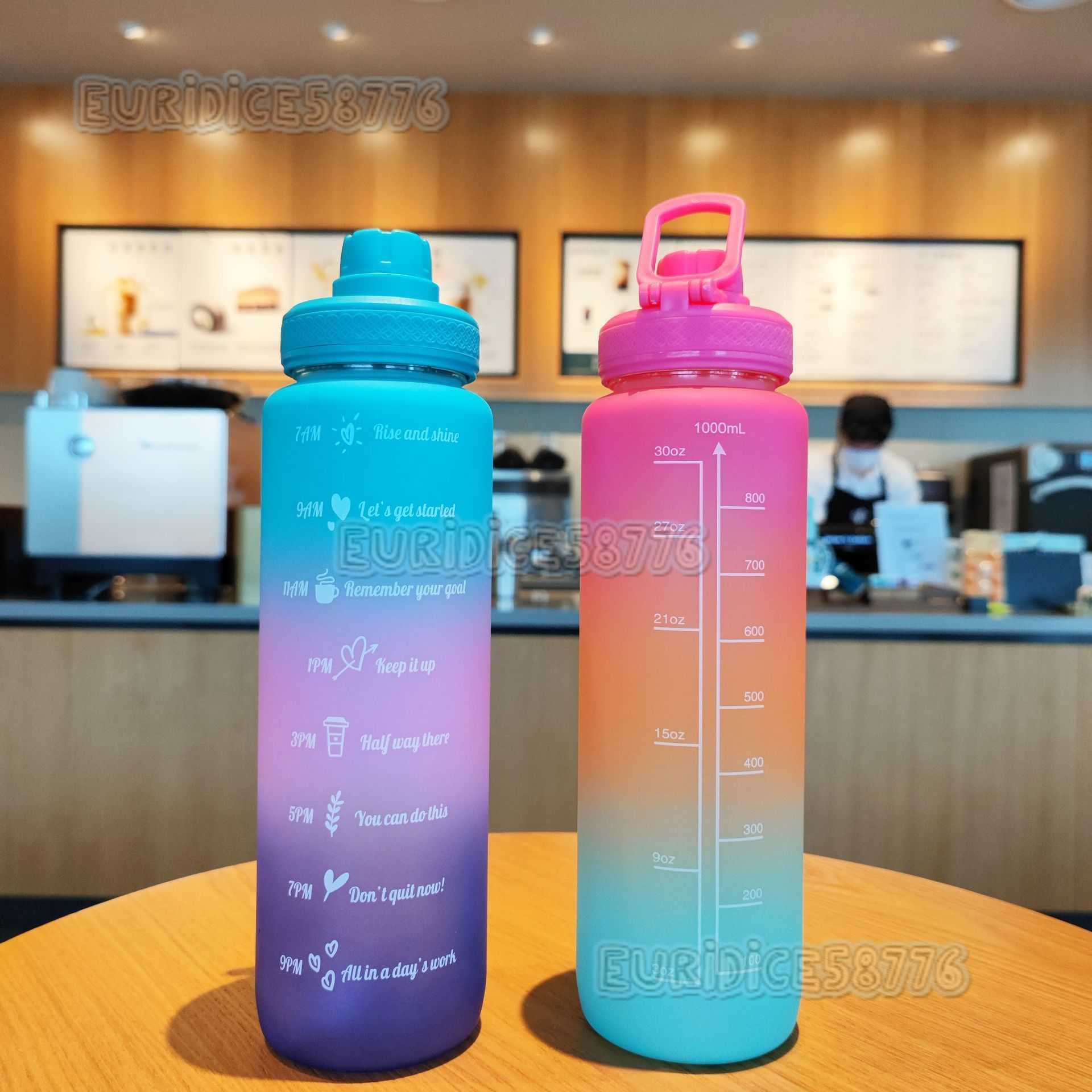 New Threecolor Gradient Frosted Plastic Water Bottle with Straight Drinking Portable Handle Sports Water Bottle 1000ml H250911