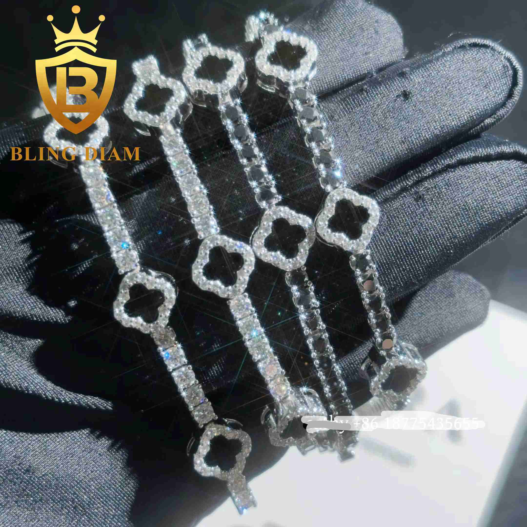 Fashion 3mm Black Clover Moissanite Tennis Chain Bracelet 925 Silver 3mm Moissanite Bracelet Pass Diamond test Hip Hop Bracelet