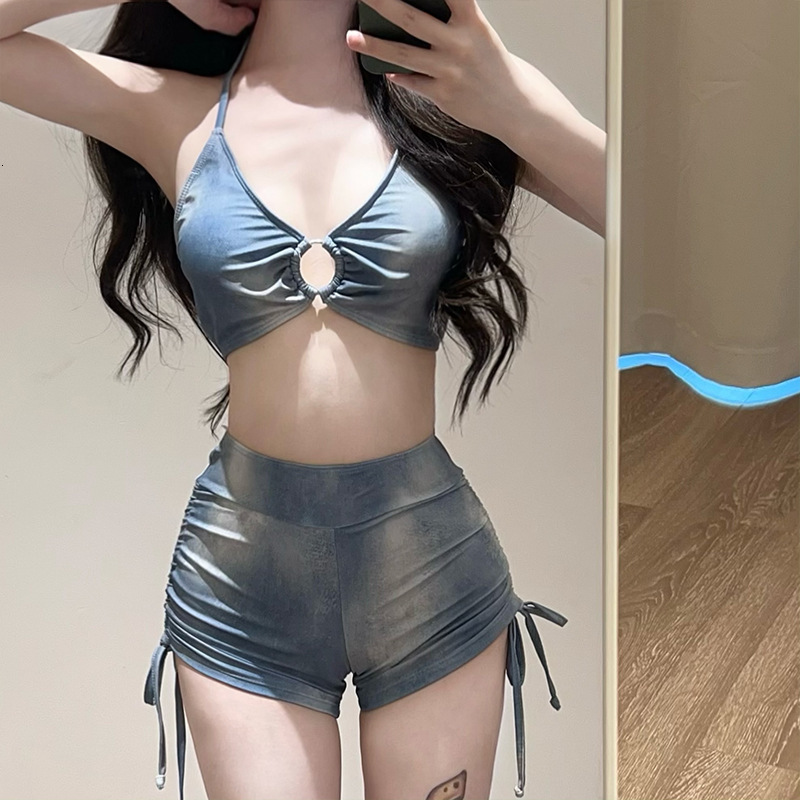 Women's Blue Tie-Dye Two-Piece Bikini Cover-Up Sexy Pure Desire Style Ladies Hot Spring Swimsuit Three-Piece Set