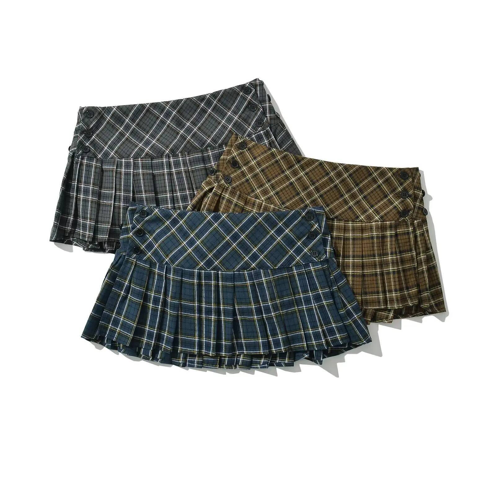 Summer Mini woman vintage korean fashion for women y2k pleated green plaid skirts preppy style dongdumaoyi