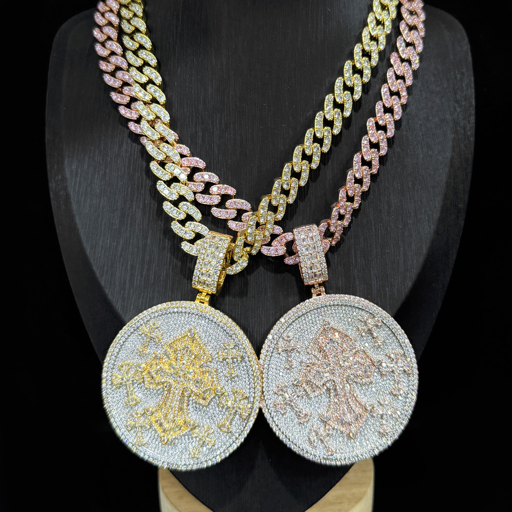 Hip Hop Cross Big Disc Pendant Necklace 5A Zircon Jewelry with 12mm Cuban Chain
