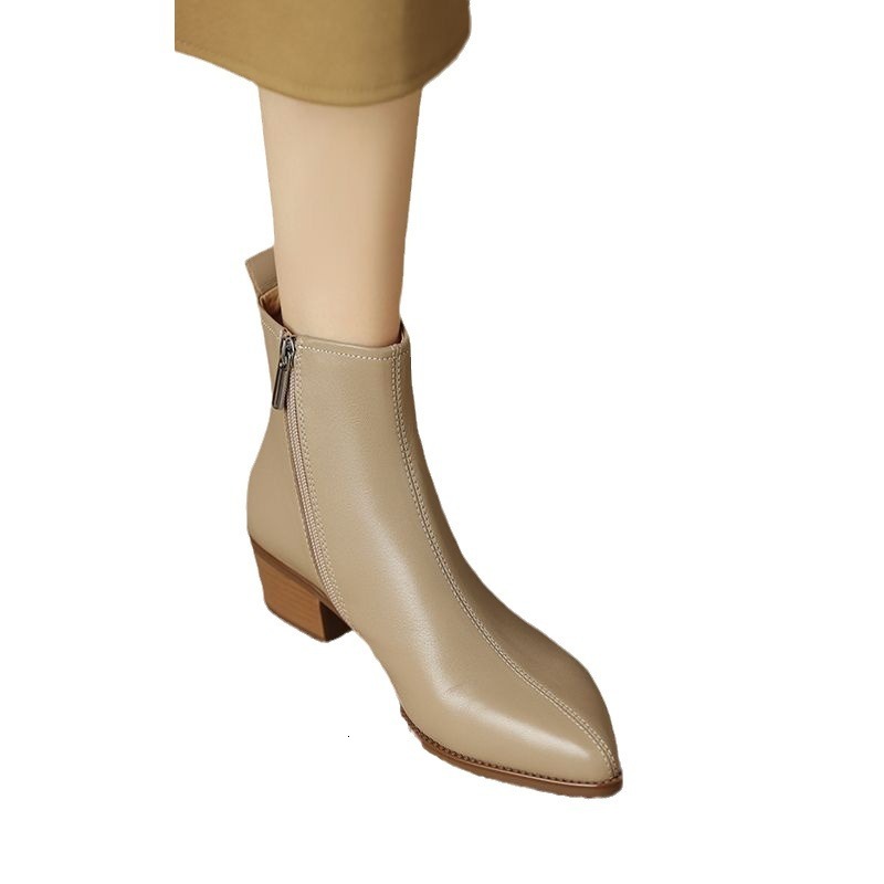 Autumn new designer shoes British retro pointed leather short boots thick heels autumn and winter wool lining warm boots for women