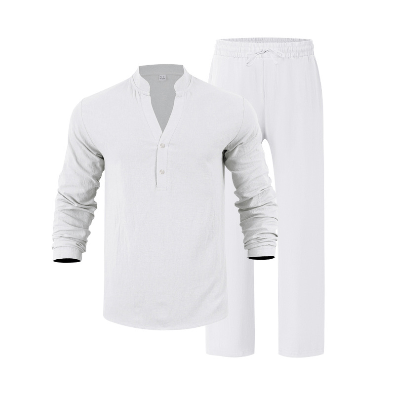 mens tracksuit Linen Lounge Set Relaxed Fit Breathable V-Neck Henley Shirt and Trousers Long Sleeve Autumn Comfort Outfit EU Size: S-3XL