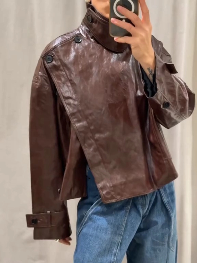 Leather Women's Jacket Burgundy Stand Collar Long Sleeve Asymmetry Button Female Coat Autumn Lady Street Locomotive Outerwear