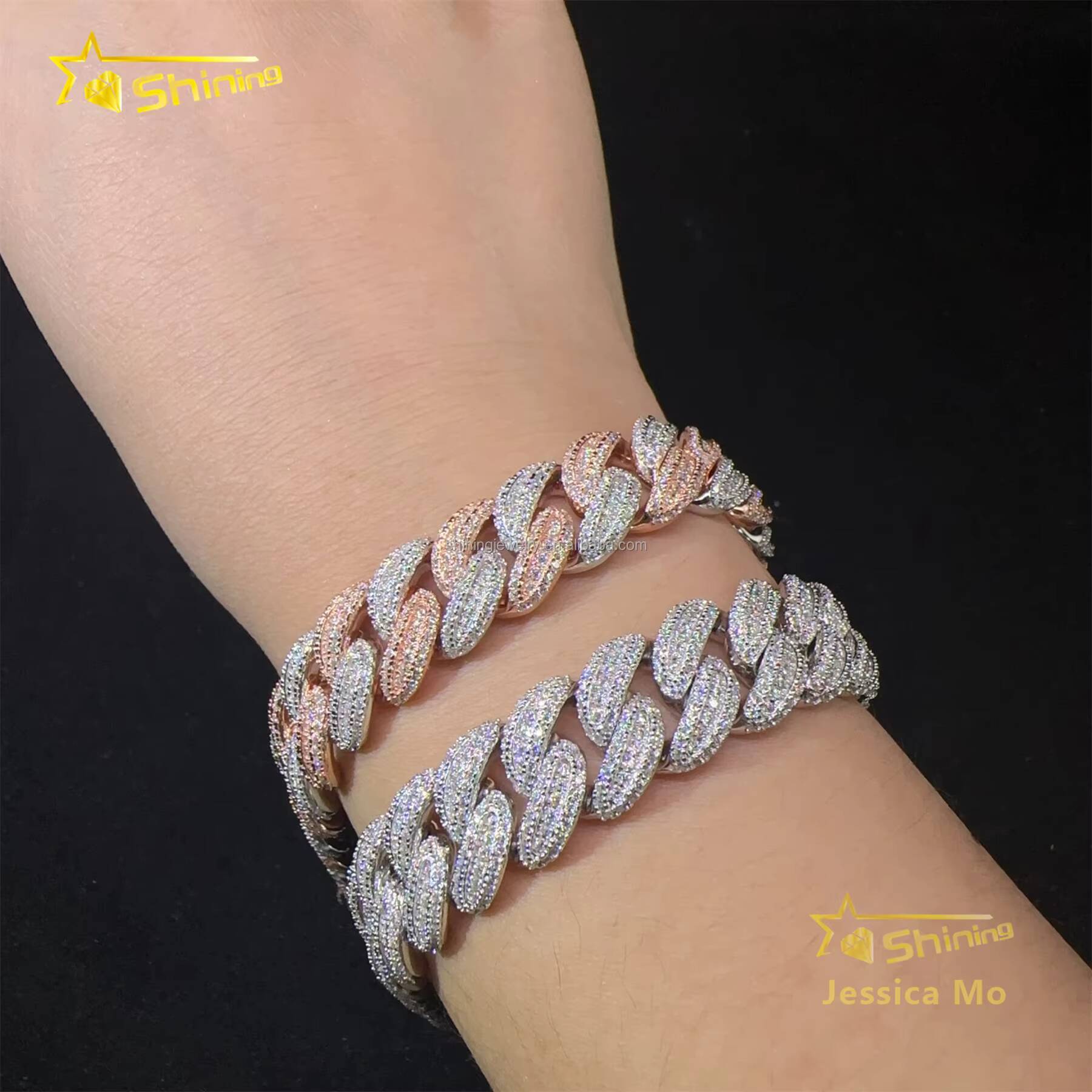 Fashion Luxury 13mm 3Rows Two Tone Color Rapper Hip Hop Jewelry VVS1 Moissanite Iced Out S925 Silver Miami Cuban Bracelet