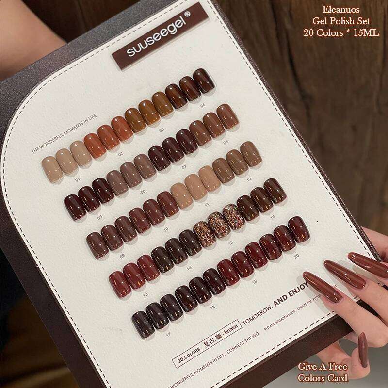 Eleanuos Caramel Coffee Gel Polished 20Pcs Mixed Clearcoat Semi Permanent Brown Shiny Vintage Whitening UV LED Primer Nail Salon