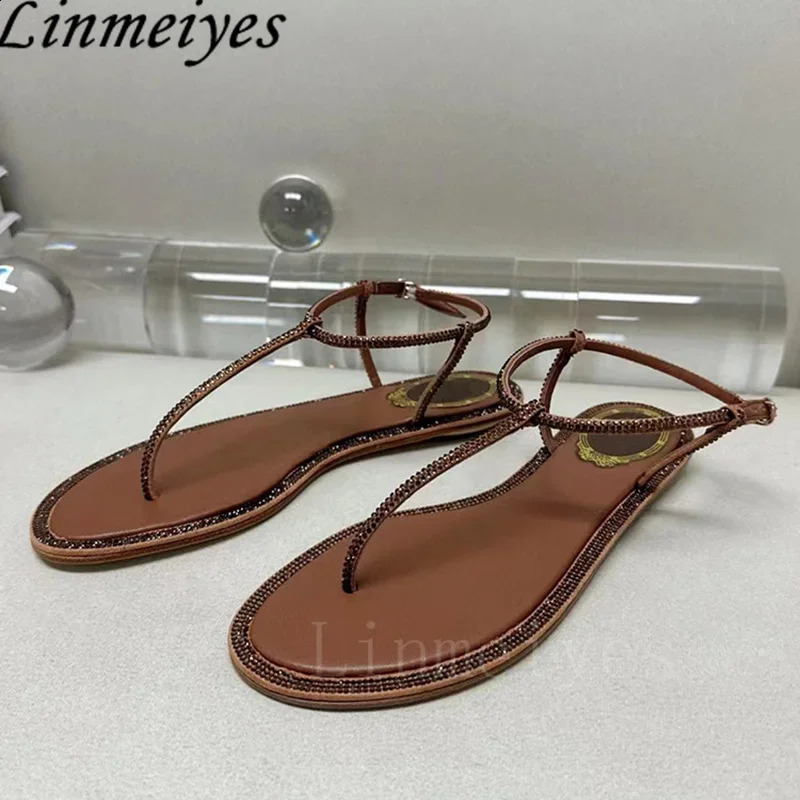 Summer Sandals Women Flip Flops Rhinestone Party Shoes Female Peep Toe Narrow Band Crystal Flat Woman Sandalias Mujer 250911