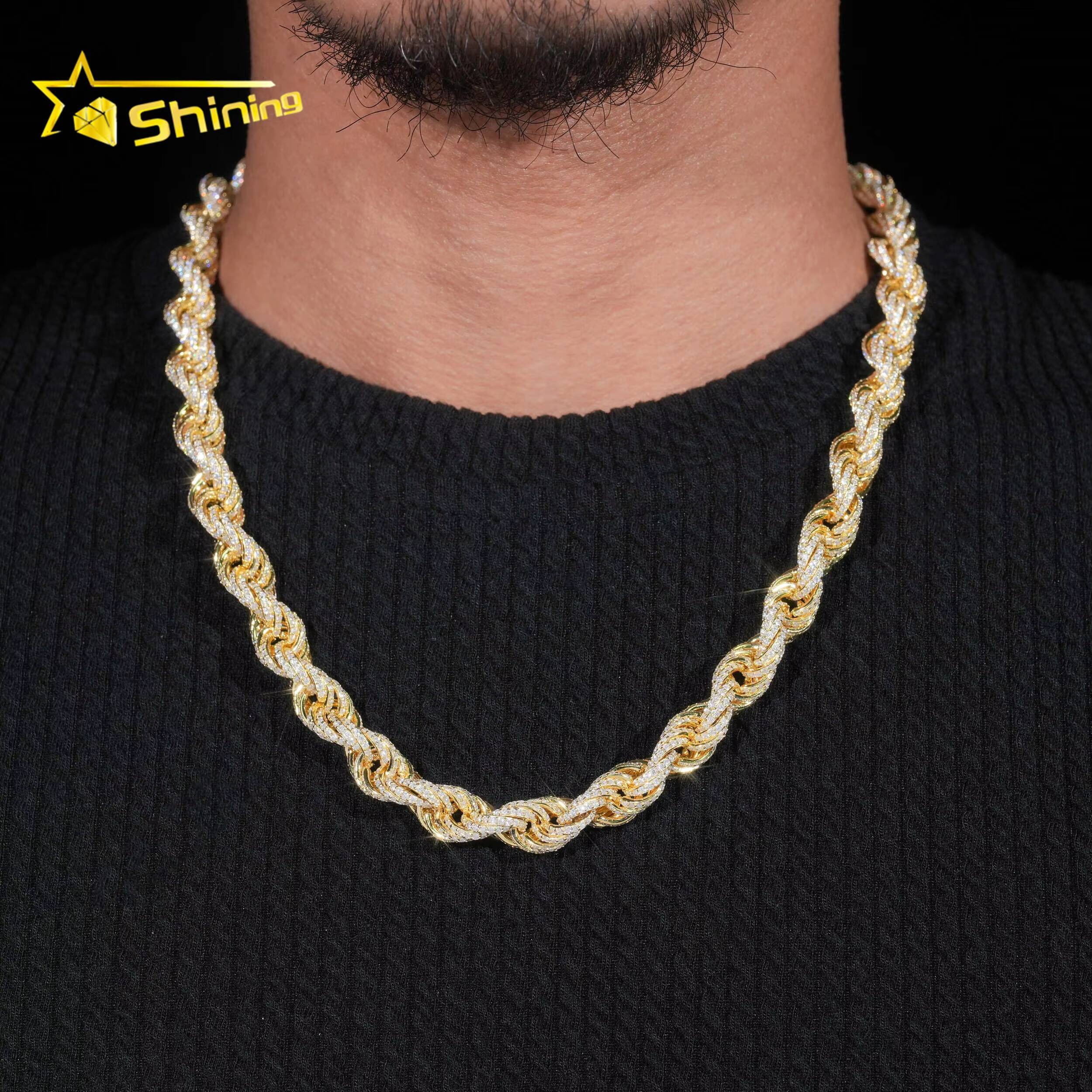 Pass Diamond Tester 10MM Hip Hop Necklace 925 Sterling Silver Luxury Iced Out VVS Moissanite Diamond Rope Chain Rapper Chain