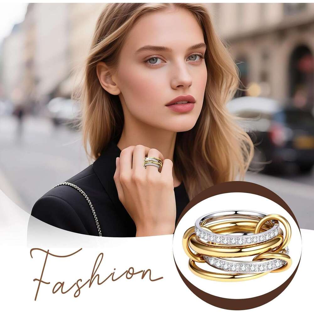 14K Gold Plated Stackable Rings for Women: Interlocking Multi-Ring Set with Cubic Zirconia - Stainless Steel Eternity Bands