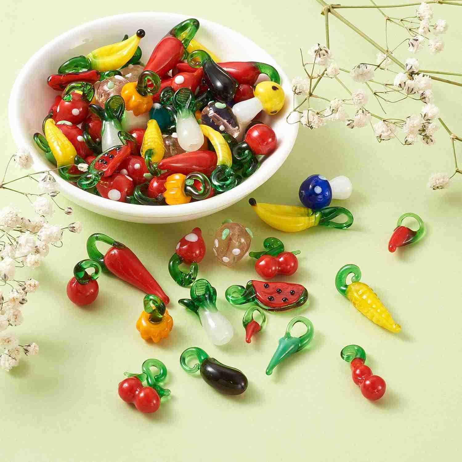 200pcs Fruit Vegetable Lampwork Glass Charm Pendants Handmade Colorful Cherry Pumpkin Chili Glass Dangle Charm Beads for DIY Charm s Necklace FW250911