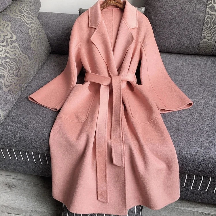 Casual Big Size Thick Water Ripple Handmade Doublesided Wool Women Coat Lapel Long Seelve Loose Belt Jacket Autumn Winter 250911