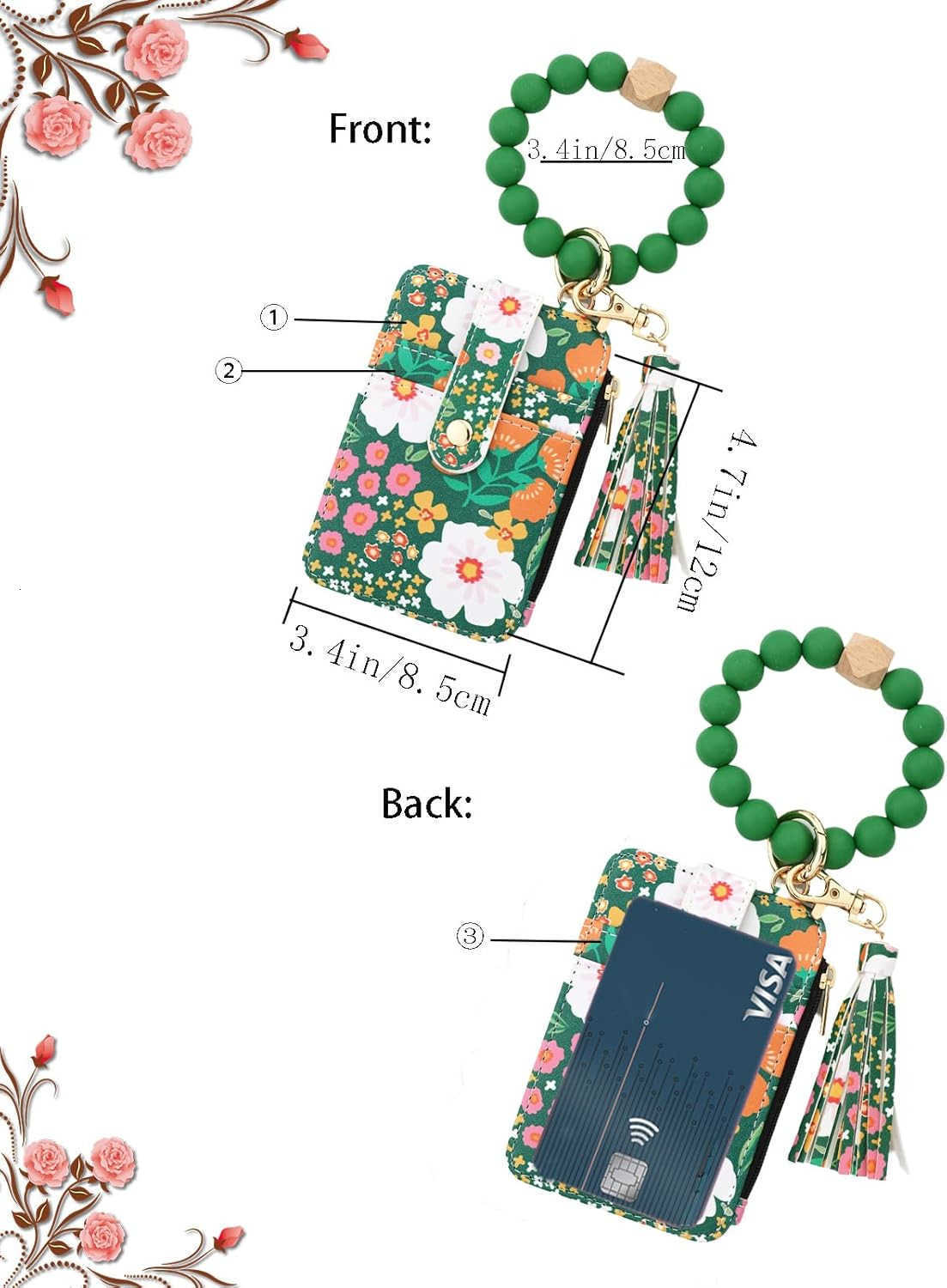 Flower Keychain Wristlet Wallets for Women Cute Silicone Beaded Credit Card Holder Aesthetic Key Ring Bracelet Leopard Wallet GreenW250911
