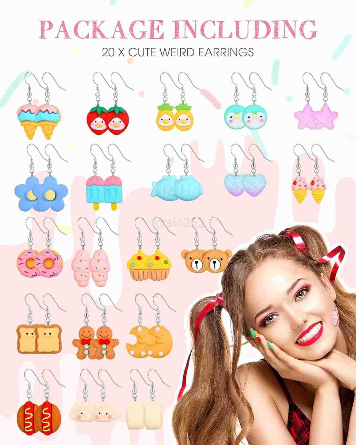 20 Pairs Cute Weird Earrings Funny Dangle Drop Earrings for Women Include Gummy Candy Bear Milk Goldfish Cartoon Fruits Flowers Animals for BirthdayW2
