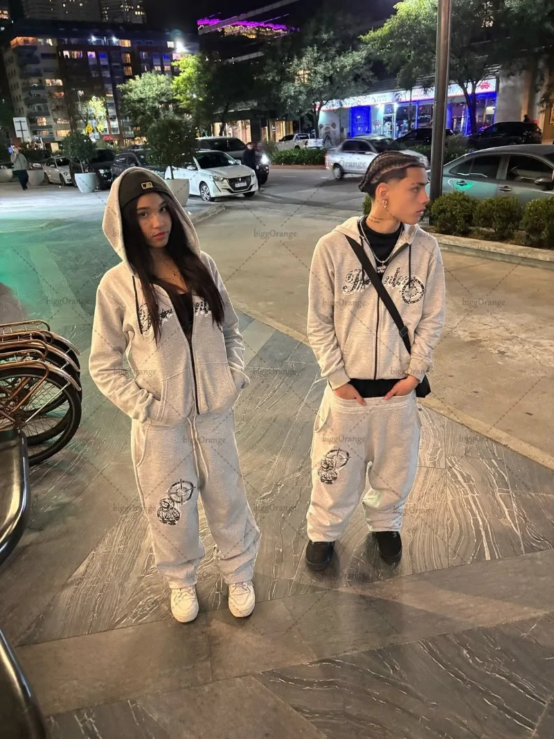 American Retro Hiphop Harajuku Oversized Zipper Sweatshirt Mens Suit Y2K Casual High Street Trendy Loose Wideleg Pants Women 250911