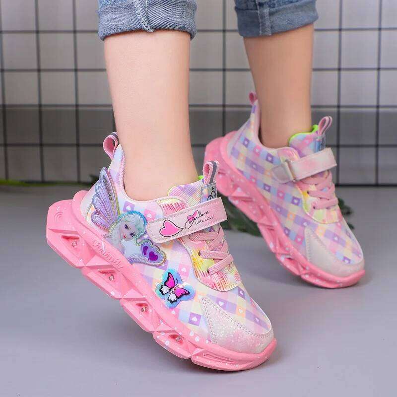 Sports Led Lights Sneaker Cartoon Frozen Princess Elsa PU Leather Girls' Pink Children's Running Shoes