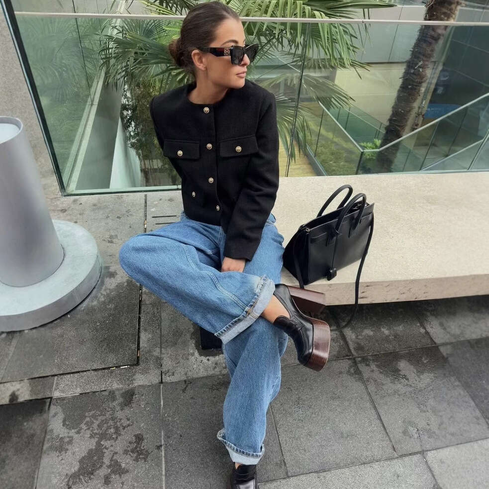 DHEssentials 2025 Small Chanel Style Fashion Button Decor Short Blazer for Women